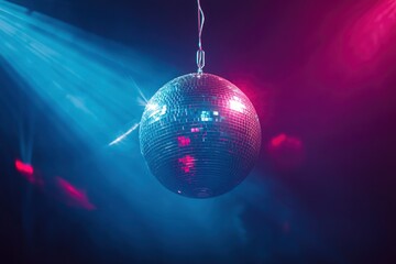 Obraz premium disco ball with mirror surface and bright rays, hanging on ceiling, night party background , ai