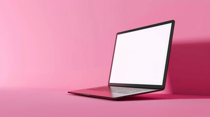 Floating laptop computer mockup with blank white screen isolated on vibrant pink background – levitating modern notebook with shadow for technology presentations, website design, and digital marketing