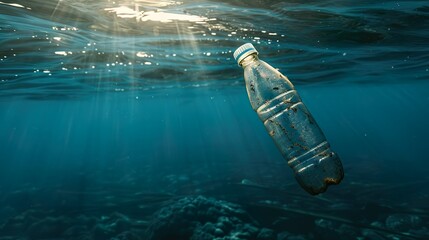 A dramatic photo of a single-use plastic bottle bobbing in the ocean, with sunlight reflecting off the surface of the water and the bottle, making the pollution clearly visible.