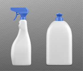 White blank plastic detergent bottle mockup with blue cap and trigger sprayer for liquid and gel cleaning product. Realistic 3d vector illustration set of washer and cleaner agent package template.