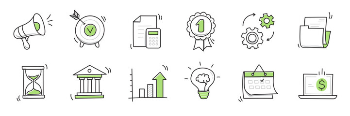 Hand drawn doodle business, money icon set. Finance, money, marketing sketch drawn cute trendy line doodle icon. Business bank, finance calculator, economic goal elements. Vector illustration
