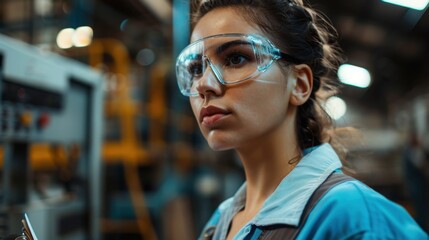 Safety and Supervision: Factory supervisor, equipped with safety goggles and a clipboard, walks the production floor, reviewing machinery and worker activities for efficiency.
