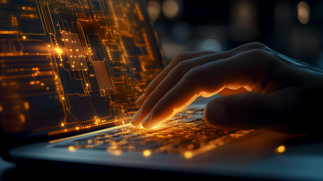 Glowing Circuit Board Overlay/ The software engineer's hand is shown typing on a laptop, with a glowing circuit board overlaying the image. The circuit board's light pulses in sync with the keystrokes