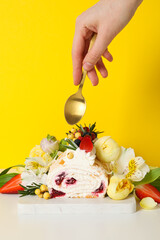 Meringue roll, concept of tasty and delicious food