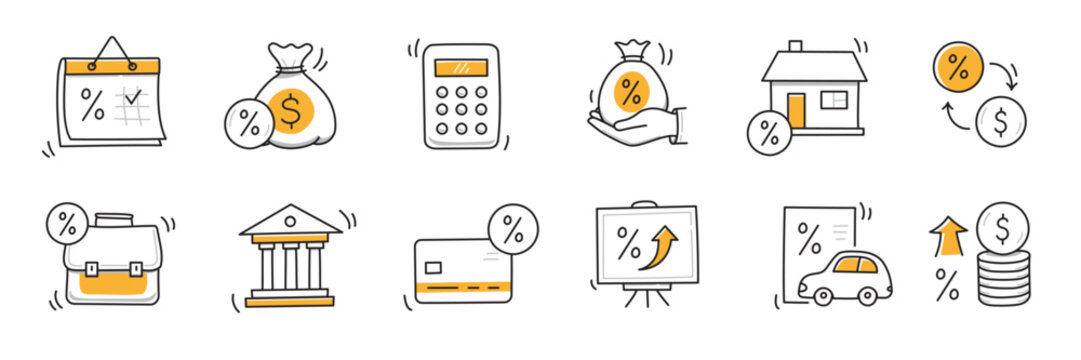 Loan interest rate doodle icon set. Hand drawn sketch doodle line style bank money loan interest rate icon for house, car discount percentage concept. Trendy cute element. Vector illustration