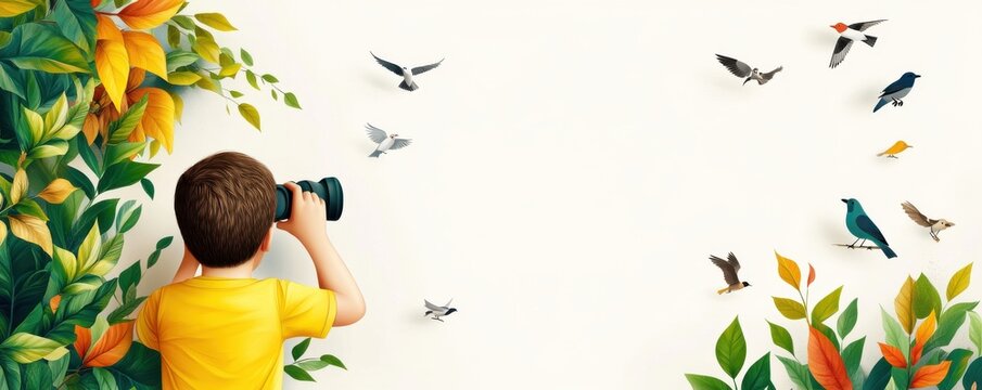 A curious child uses binoculars to observe colorful birds in a vibrant natural setting, surrounded by lush leaves and branches.