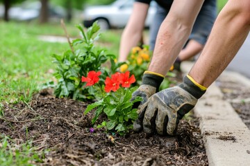 Fototapeta premium A neighborhood cleanup event where residents are working together to beautify their local park, picking up trash