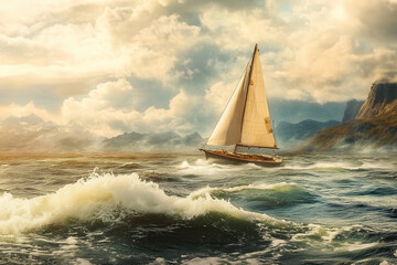 Vintage Sailboat on Windy Coastal Bay: Braving the Breeze with Timeless Grace
