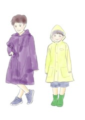 レインコートを着た男の子達のイラスト