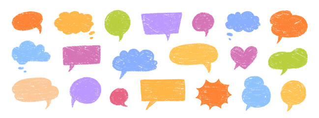 Crayon talk speech balloon frame doodle vector. Hand drawn crayon doodle speech cloud bubble set. Chalk texture sketch text talk cloud balloon frame background. Vector illustration.