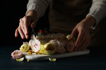 Meringue roll, concept of tasty and delicious food