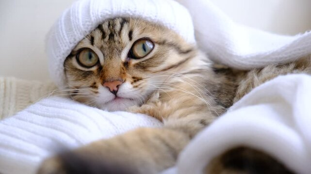 Cute little tabby kitten sleeping in a knitted blanket, warm white hat. Small cat  warming under a soft blanket in cold autumn. October