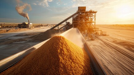 High-resolution image of a group of conveyor belts in a sugar processing plant, filled with unclean sugar beets. The backdrop reveals the factory is extensive industrial setup under a sunny,
