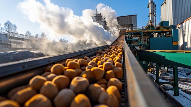 High-resolution image of a group of conveyor belts in a sugar processing plant, filled with unclean sugar beets.