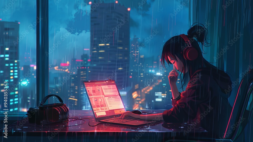 Poster focused female programmer working on code at a modern computer desk in a tech-savvy environment, eng