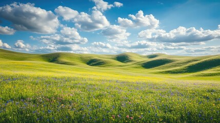 Fototapeta premium Rolling hills covered in vibrant green grass, dotted with wildflowers under a bright spring sky