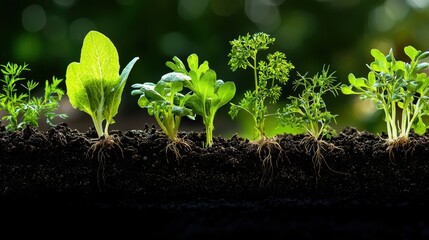 A garden bed with various healthy plants flourishing due to visible mycorrhizal fungi networks around the roots, demonstrating their positive impact on plant growth