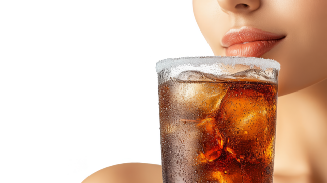 Closeup of woman s lips near a glass of iced cola