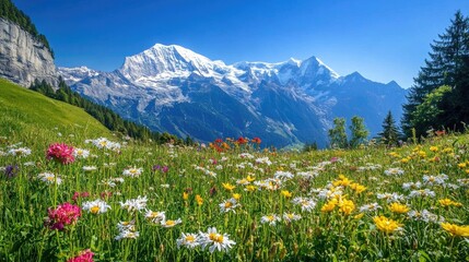 Fototapeta premium Serene alpine meadow with wildflowers in full bloom, snow-capped mountains in the background under a clear blue sky
