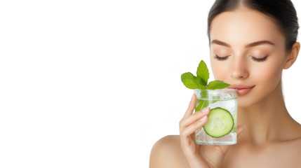 Beautiful Woman Enjoying Cucumber and Mint Detox Water