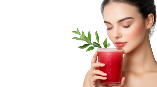 Woman Enjoying Delicious Red Smoothie with Fresh Greens