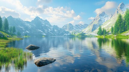 Fototapeta premium Serene mountain lake with crystal-clear water reflecting the surrounding peaks, tranquil and peaceful alpine landscape scene