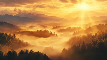 Obraz premium Sunrise over a misty mountain range, golden light filtering through the fog, peaceful and serene landscape scene