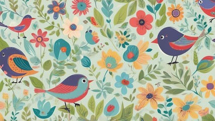 Colorful birds and flowers in a flat style, seamless pattern with branches and leaves, playful design on white for kids
