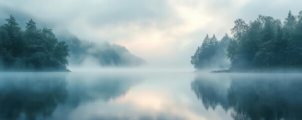Obraz premium Drifting fog over a still lake at dawn, foggy weather, calm and ethereal