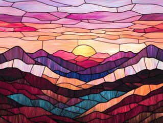 A stunning stained glass landscape showcasing vibrant mountains at sunset, combining rich colors and intricate details.