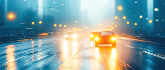 Fototapeta premium A moody cityscape at night with glowing lights and rain-soaked streets, capturing the essence of urban life in rainy weather.