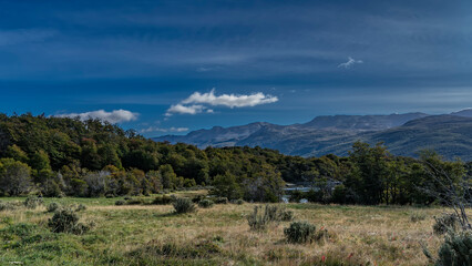 Beautiful autumn landscape. The yellowed grass in the meadow. A green forest on the shore of the lake. Picturesque mountains against a blue sky and clouds. Argentina. Tierra del Fuego National Park. 