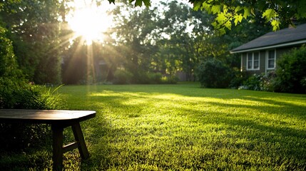Naklejka premium A serene backyard scene with a lush green lawn, sun rays shining through trees, perfect for relaxation and outdoor activities.