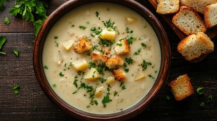 Top view of a bowl of creamy potato soup with croutons and fresh herbs on a dark wooden table