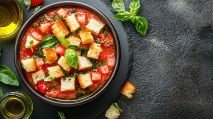 Top view of a bowl of fresh gazpacho with croutons and olive oil on a dark slate plate, refreshing summer dish