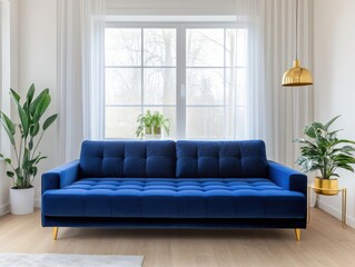 Fototapeta premium Stylish blue sofa in a bright living room with natural light and indoor plants, offering a modern and cozy atmosphere.