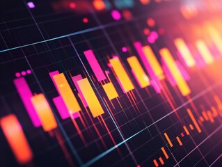 Vibrant financial chart showcasing colorful bars and lines representing market trends and data analysis.