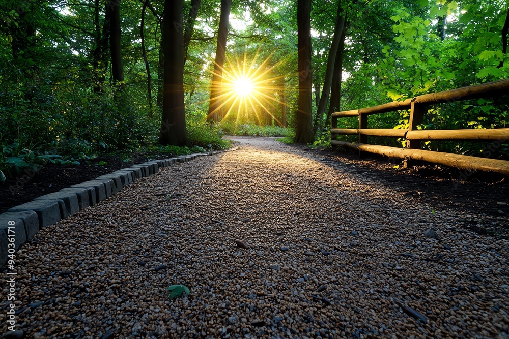 Poster A serene woodland scene with an amber glow from the setting sun, illuminating the trees and casting a warm light on the path