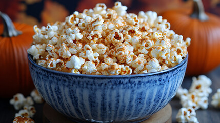a bowl of popcorn in a bowl with a glowing blue rim.