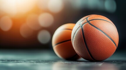 Obraz premium Close-up of two basketballs indoors with a blurred background, showcasing the texture and brightness of the scene.