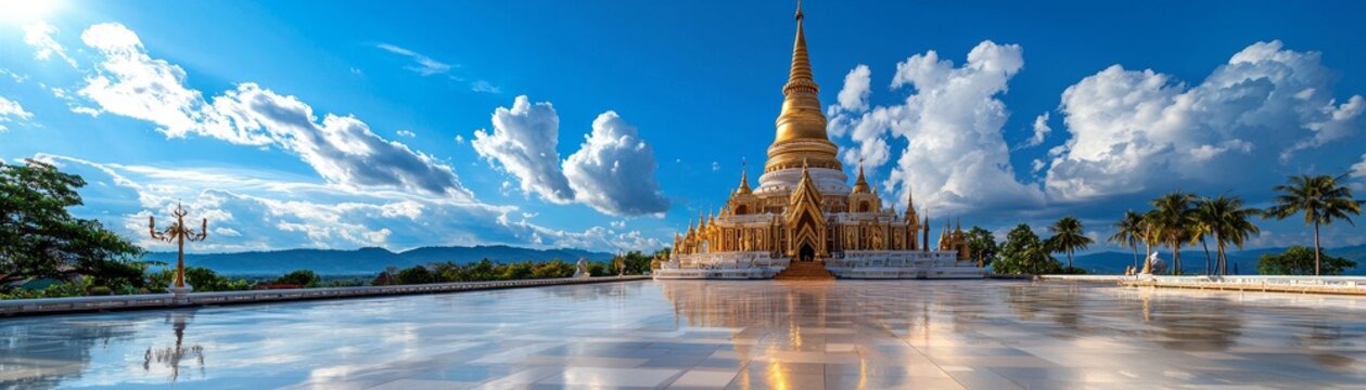 A 3D Wat Phra That Phanom with soft lighting, symbolizing the religious significance in northeastern Thailand.