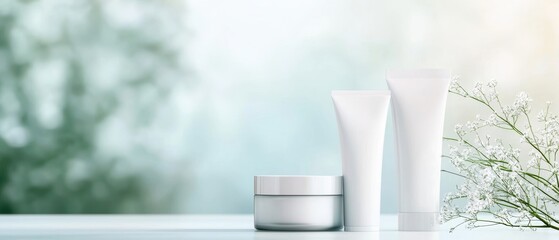 Elegant skincare products displayed on a serene background, promoting beauty and wellness for a refreshing routine.