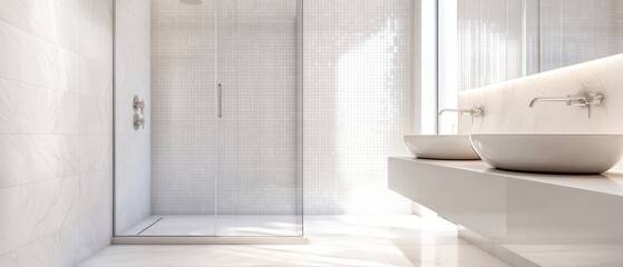 Fototapeta premium Modern bathroom interior with elegant shower, sleek sinks, and bright natural light enhancing the clean design.