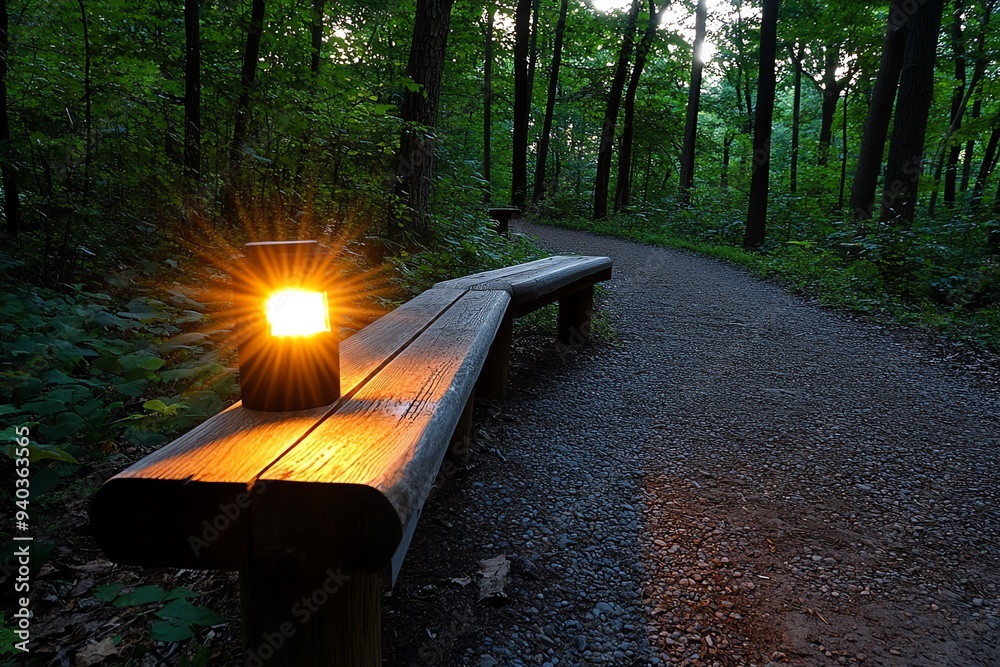 Aufkleber a serene woodland scene with an amber glow from the setting sun, illuminating the trees and casting 