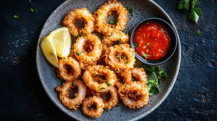 Naklejka premium Top view of a plate of crispy calamari with lemon wedges and marinara sauce on a dark rustic background