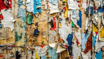 Fototapeta premium vibrant tapestry of peeling posters on a weathered wooden wall, showcasing the raw beauty of urban decay and the enduring power of art texture abstract background 