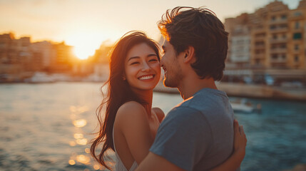 Fototapeta premium A couple embraces each other on a pier with a city skyline in the sunset background. 