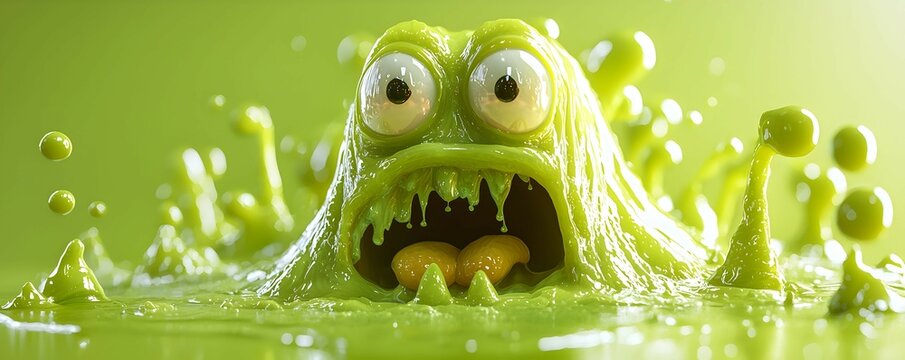 Green Slime Monster with Big Eyes and Open Mouth Stock