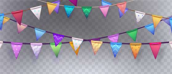 3d flag garland isolated on transparent background. Vector realistic illustration of colorful triangle pennants on string for birthday party, holiday fair, circus interior, festive event decoration © klyaksun