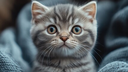 A kitten with a curious look on its face.